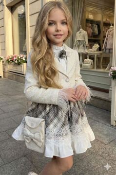 Kız Çocuk Kol Uçları Tüylü Beyaz Şanel Ceket Etek Ucu Dantel İşlemeli Ekose Elbise