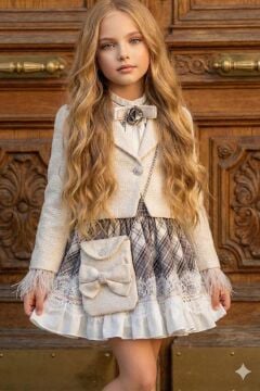 Kız Çocuk Kol Uçları Tüylü Beyaz Şanel Ceket Etek Ucu Dantel İşlemeli Ekose Elbise