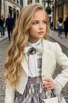 Kız Çocuk Kol Uçları Tüylü Beyaz Şanel Ceket Etek Ucu Dantel İşlemeli Ekose Elbise