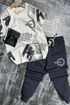 Erkek Çocuk Kargo Cepli ve Design Baskılı Siyah Eşofman Takım