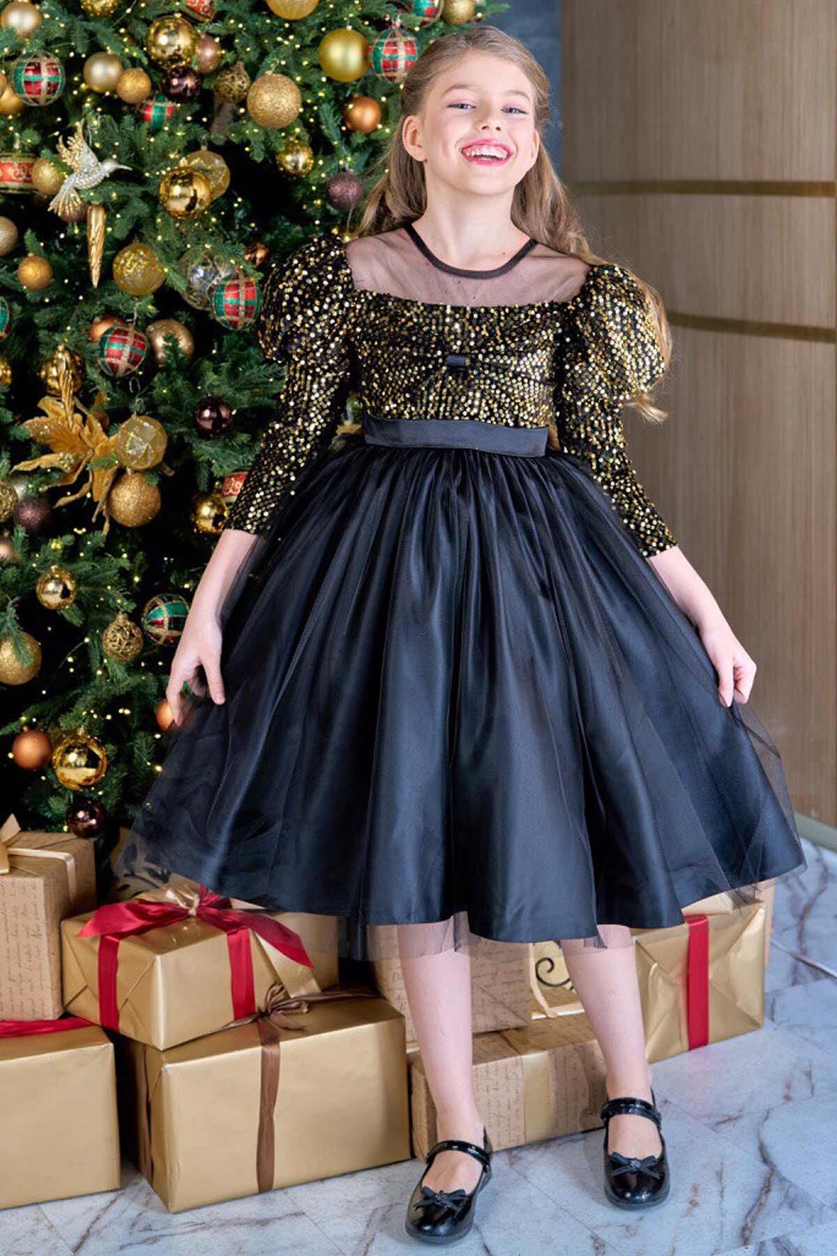 Kız Çocuk Kayık Yaka Şeffaf Tül ve Göğsü Kadife Pul Detaylı Eteği Kabarık Balon Kol Siyah Abiye