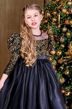 Kız Çocuk Kayık Yaka Şeffaf Tül ve Göğsü Kadife Pul Detaylı Eteği Kabarık Balon Kol Siyah Abiye