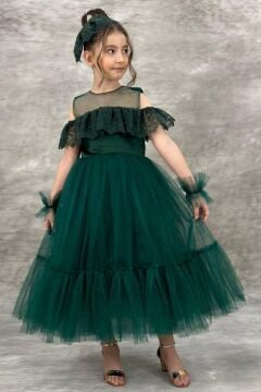 Kız Çocuk Yakası Transparan Omzu Açık Göğsü ve Kolları Güpür İşlemeli Yeşil Abiye