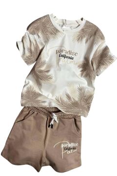 Erkek Çocuk Üzeri Palmiye Detaylı Ve Paradise California Baskılı T-shirt Bej Şortlu Takım