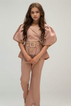 Kız Çocuk Fermuar ve Kemer Detaylı Kruvaze Yaka Bej Alt Üst Takım