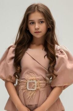 Kız Çocuk Fermuar ve Kemer Detaylı Kruvaze Yaka Bej Alt Üst Takım