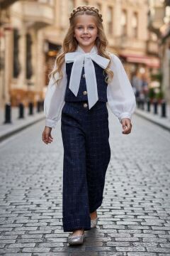 Kız Çocuk Fular Detay, Şifon Gömlek Kare Desen Triko Yelek ve Şanel Pantolon Lacivert Alt Üst Takım