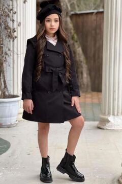 Kız Çocuk Üzeri Dantel İşlemeli Elbise Çift Cep Detaylı Kemerli Siyah Trençkot