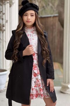 Kız Çocuk Üzeri Dantel İşlemeli Elbise Çift Cep Detaylı Kemerli Siyah Trençkot