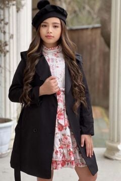 Kız Çocuk Üzeri Dantel İşlemeli Elbise Çift Cep Detaylı Kemerli Siyah Trençkot