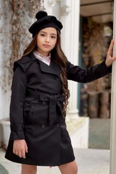 Kız Çocuk Üzeri Dantel İşlemeli Elbise Çift Cep Detaylı Kemerli Siyah Trençkot