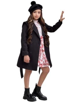 Kız Çocuk Üzeri Dantel İşlemeli Elbise Çift Cep Detaylı Kemerli Siyah Trençkot