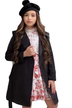 Kız Çocuk Üzeri Dantel İşlemeli Elbise Çift Cep Detaylı Kemerli Siyah Trençkot