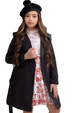 Kız Çocuk Üzeri Dantel İşlemeli Elbise Çift Cep Detaylı Kemerli Siyah Trençkot