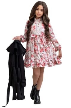 Kız Çocuk Üzeri Dantel İşlemeli Elbise Çift Cep Detaylı Kemerli Siyah Trençkot