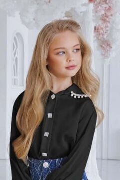 Kız Çocuk Yakası Güpür Taş İşlemeli Şifon Siyah Gömlek Kare Çizgili Jean Etekli Takım