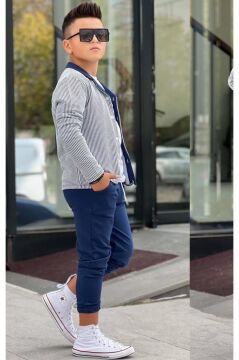 Erkek Çocuk Su Yolu Çizgili Ceket Penye Kazak 2 İplik Pantolon Lacivert Alt Üst Takım