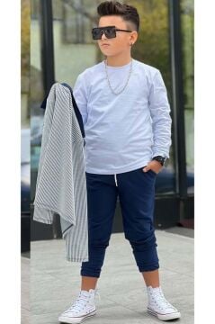 Erkek Çocuk Su Yolu Çizgili Ceket Penye Kazak 2 İplik Pantolon Lacivert Alt Üst Takım