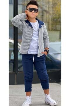 Erkek Çocuk Su Yolu Çizgili Ceket Penye Kazak 2 İplik Pantolon Lacivert Alt Üst Takım