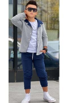 Erkek Çocuk Su Yolu Çizgili Ceket Penye Kazak 2 İplik Pantolon Lacivert Alt Üst Takım