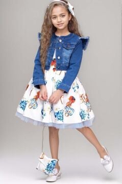 Kız Çocuk Omzu İnci Boncuk Detaylı Denim Ceket ve Desenli Beyaz Elbise