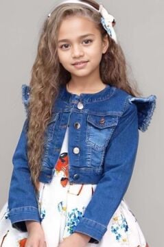 Kız Çocuk Omzu İnci Boncuk Detaylı Denim Ceket ve Desenli Beyaz Elbise