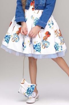 Kız Çocuk Omzu İnci Boncuk Detaylı Denim Ceket ve Desenli Beyaz Elbise