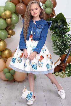 Kız Çocuk Omzu İnci Boncuk Detaylı Denim Ceket ve Desenli Beyaz Elbise