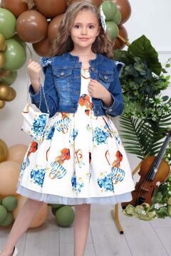 Kız Çocuk Omzu İnci Boncuk Detaylı Denim Ceket ve Desenli Beyaz Elbise