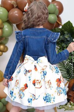 Kız Çocuk Omzu İnci Boncuk Detaylı Denim Ceket ve Desenli Beyaz Elbise