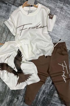 Erkek Çocuk Önü Fredoom Yazı Baskı Arkası Kartal Figürlü T-Shirt Kahverengi Eşofman Takım