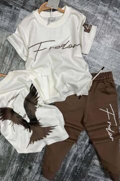 Erkek Çocuk Önü Fredoom Yazı Baskı Arkası Kartal Figürlü T-Shirt Kahverengi Eşofman Takım