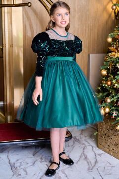 Kız Çocuk Kayık Yaka Şeffaf Tül ve Göğsü Kadife Pul Detaylı Eteği Kabarık Balon Kol Yeşil Abiye