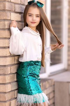 Kız Çocuk Kol Uçları ve Etek Uçu Kırçıllı Pulpaytet Detaylı Yeşil Etekli Takım