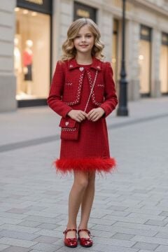 Kız Çocuk Yaka ve Kenarlar Boncuk ve Taş İşleme Ceket Etek Ucu Tüylü Kolsuz Kırmızı Şanel Elbise