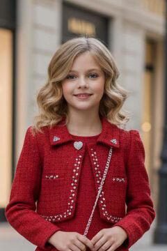 Kız Çocuk Yaka ve Kenarlar Boncuk ve Taş İşleme Ceket Etek Ucu Tüylü Kolsuz Kırmızı Şanel Elbise