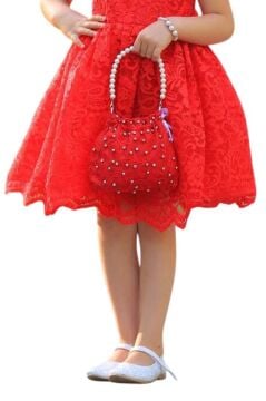 Kız Çocuk Üzeri Boydan Dantel Güpür İşlemeli Şeffaf Tüllü Sıfır Kol Kırmızı Elbise