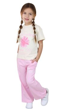 Kız Çocuk Üzeri Papatya Detaylı Ve Feeling Baskılı T-shirt Pembe Salaş Pantolon Alt Üst Takım