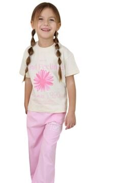 Kız Çocuk Üzeri Papatya Detaylı Ve Feeling Baskılı T-shirt Pembe Salaş Pantolon Alt Üst Takım