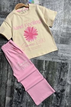 Kız Çocuk Üzeri Papatya Detaylı Ve Feeling Baskılı T-shirt Pembe Salaş Pantolon Alt Üst Takım