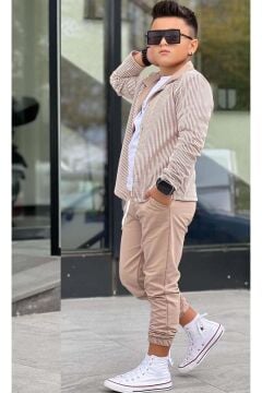 Erkek Çocuk Su Yolu Çizgili Ceket Penye Kazak 2 İplik Pantolon Krem Alt Üst Takım