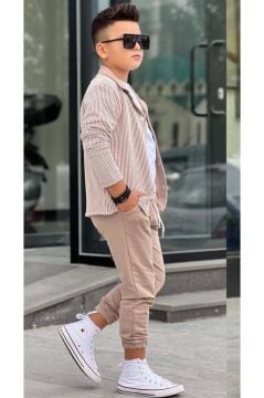 Erkek Çocuk Su Yolu Çizgili Ceket Penye Kazak 2 İplik Pantolon Krem Alt Üst Takım
