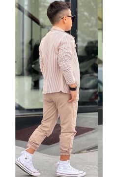 Erkek Çocuk Su Yolu Çizgili Ceket Penye Kazak 2 İplik Pantolon Krem Alt Üst Takım