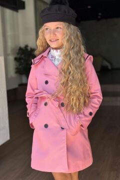 Kız Çocuk Üzeri Dantel İşlemeli Elbise Çift Cep Detaylı Kemerli Pembe Trençkot