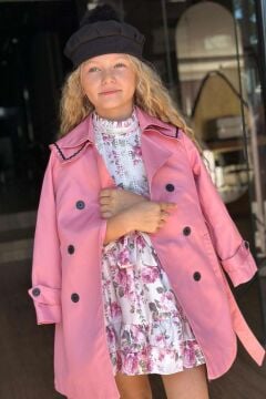 Kız Çocuk Üzeri Dantel İşlemeli Elbise Çift Cep Detaylı Kemerli Pembe Trençkot