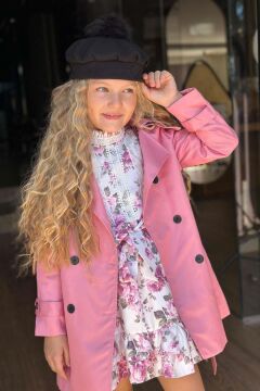 Kız Çocuk Üzeri Dantel İşlemeli Elbise Çift Cep Detaylı Kemerli Pembe Trençkot