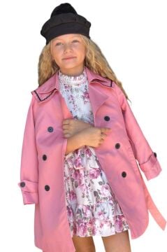 Kız Çocuk Üzeri Dantel İşlemeli Elbise Çift Cep Detaylı Kemerli Pembe Trençkot