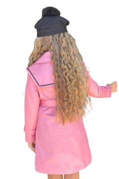 Kız Çocuk Üzeri Dantel İşlemeli Elbise Çift Cep Detaylı Kemerli Pembe Trençkot