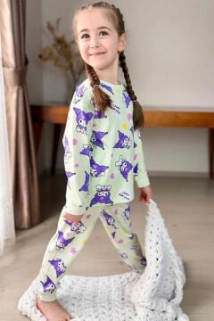 Kız Çocuk Kuromi Karakter Baskılı Açık Yeşil Pijama Takımı