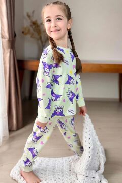 Kız Çocuk Kuromi Karakter Baskılı Açık Yeşil Pijama Takımı